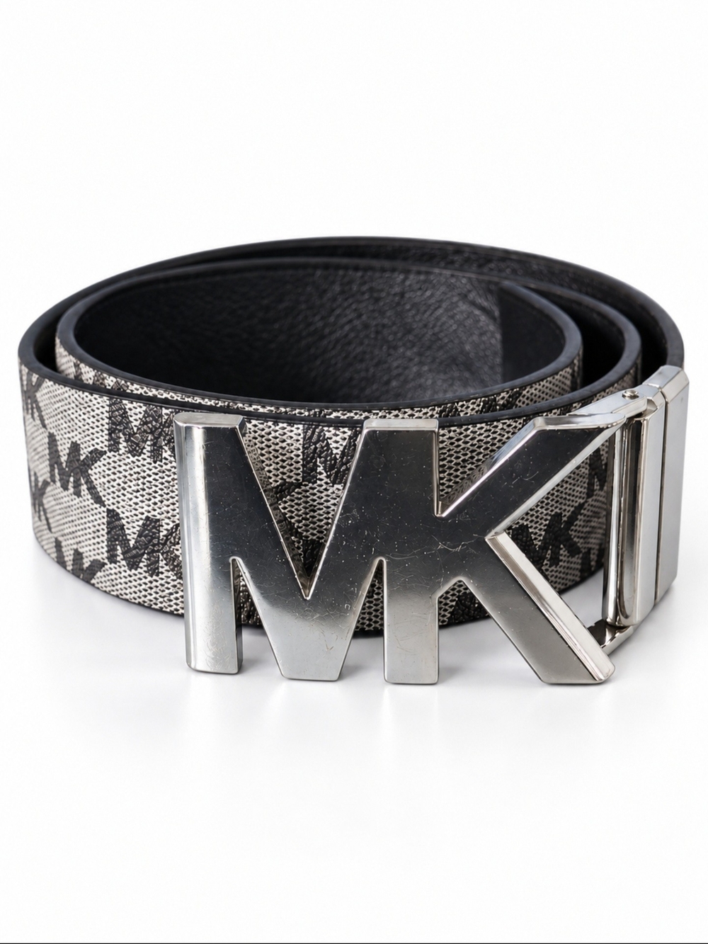 Michael Kors MK Logo Belt in Black and Beige with Silver Buckle 36in